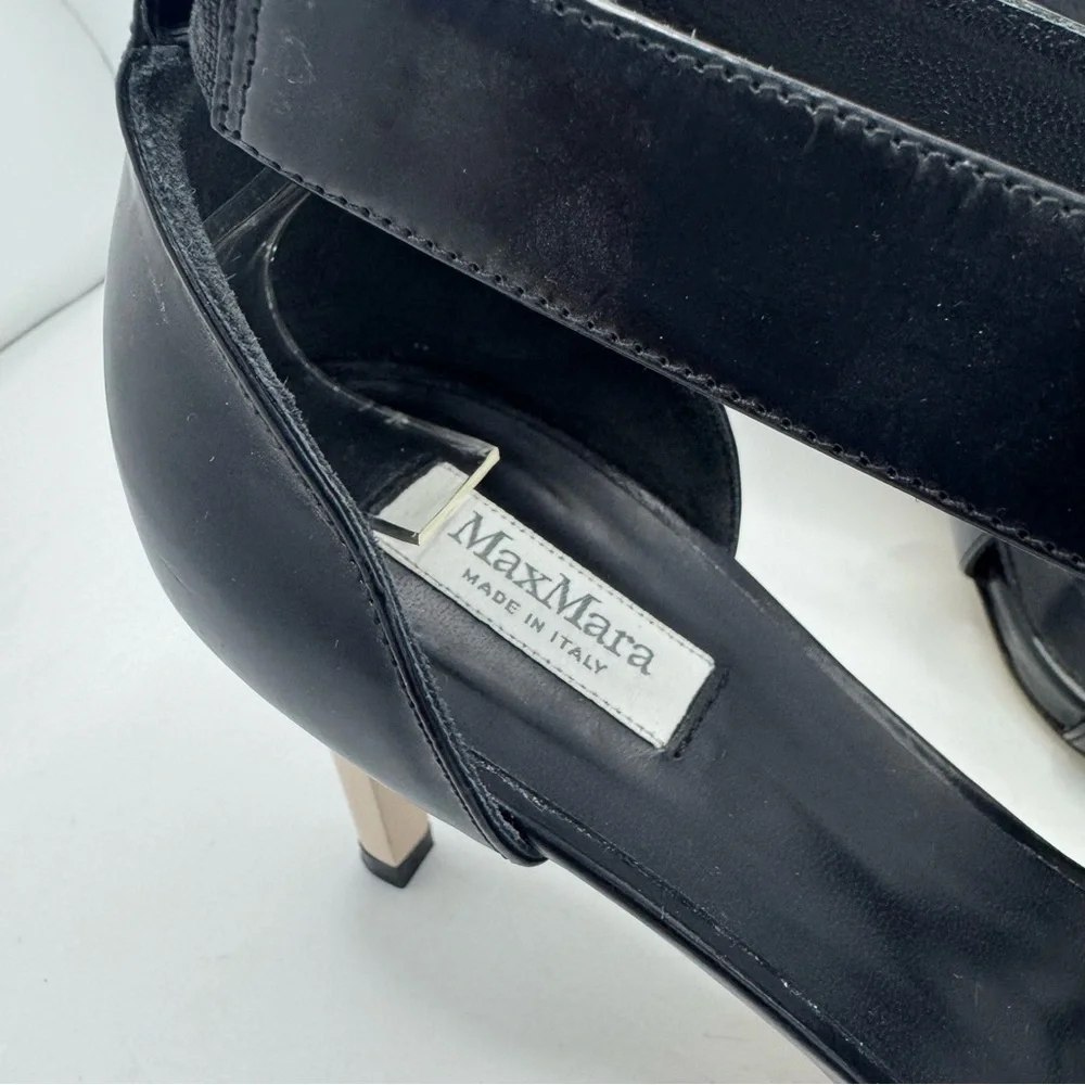 Max Mara Strappy Leather Heeled Square Toe Sandals Black Ivory Size 39
